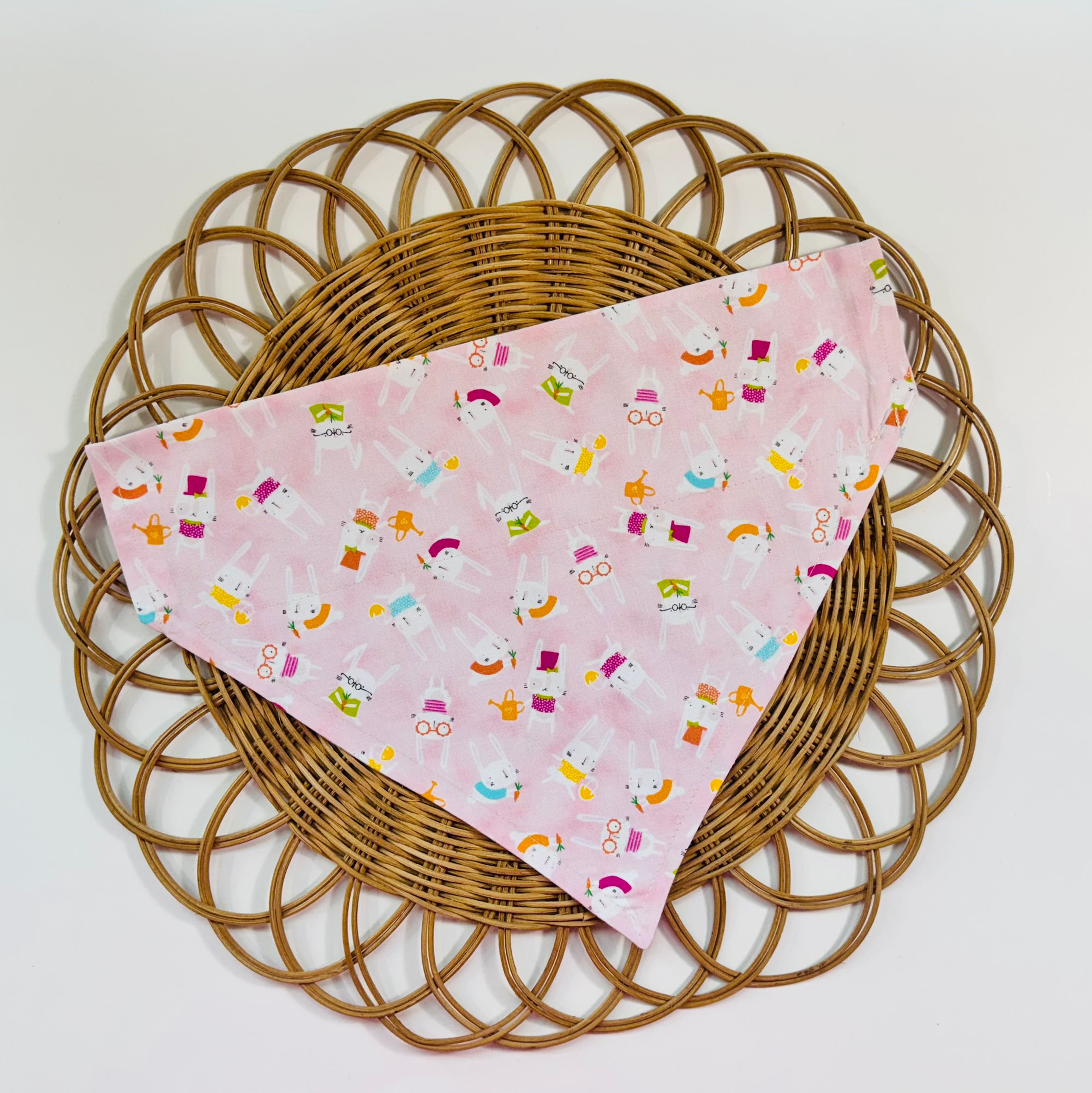 OVER THE COLLAR BANDANAS: MULTI-COLOR BUNNIES IN GLASSES ON PASTEL PINK