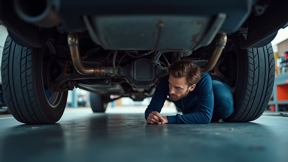 Eye-level view of a garage technician inspecting a vehicle's exhaust system