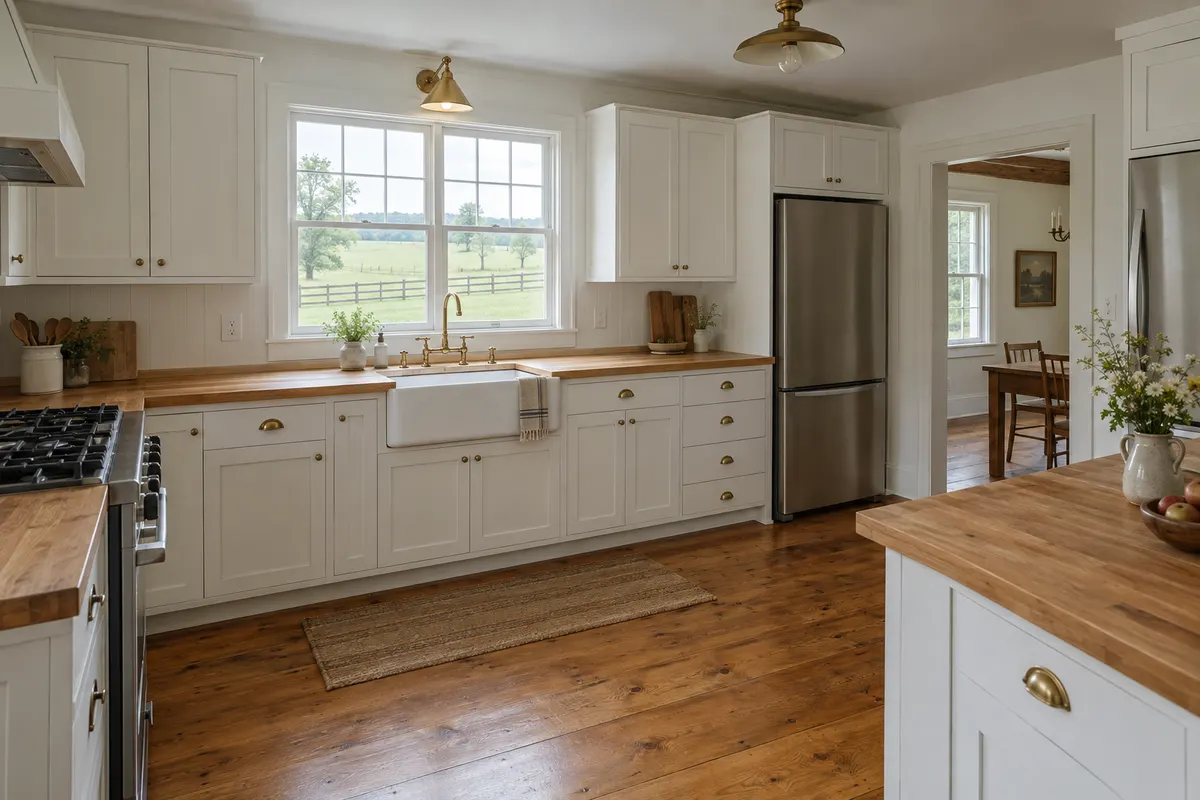 A renovated farmhouse kitchen with white cabinets, butcher-block counters and refinished wide-plank floors