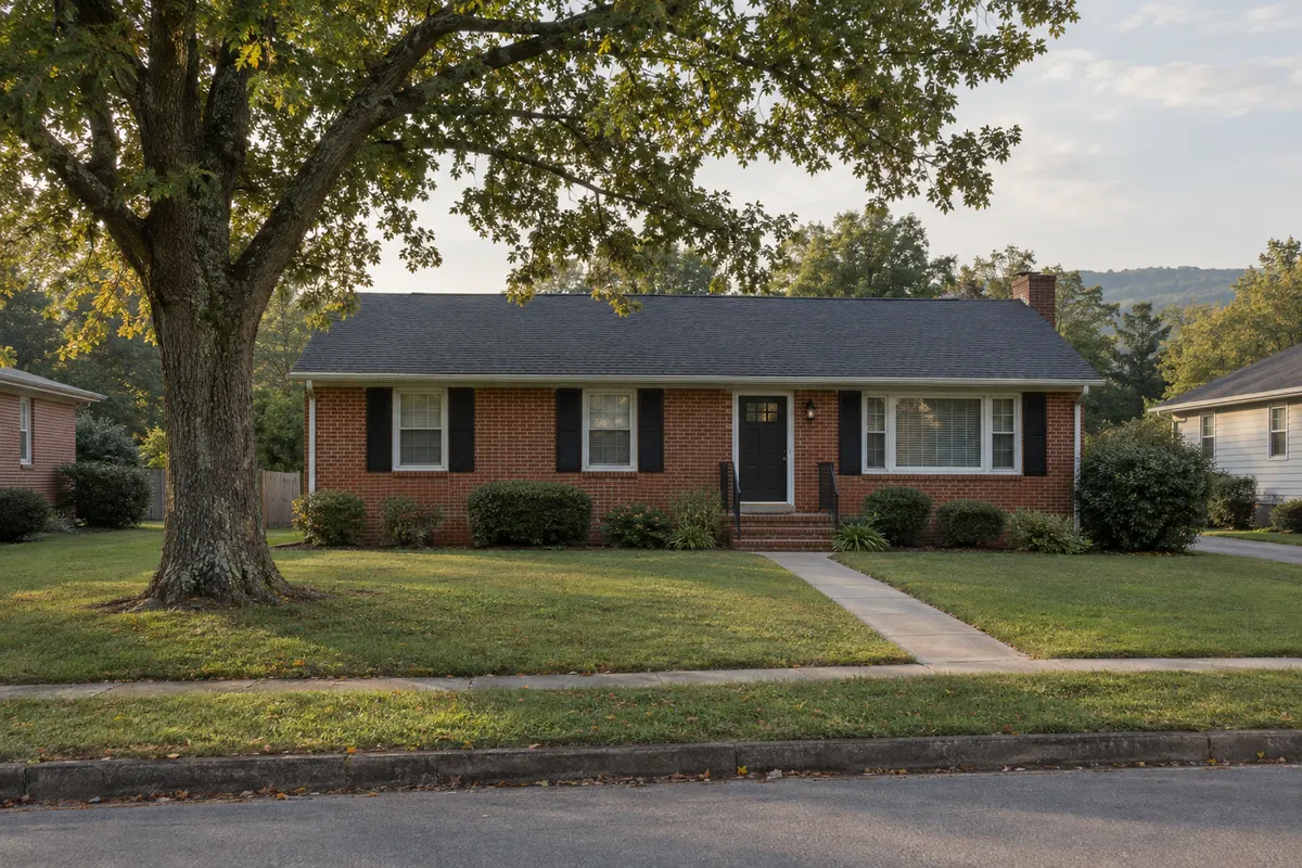 A well-kept brick rambler with a trimmed lawn and a mature oak tree on a quiet street