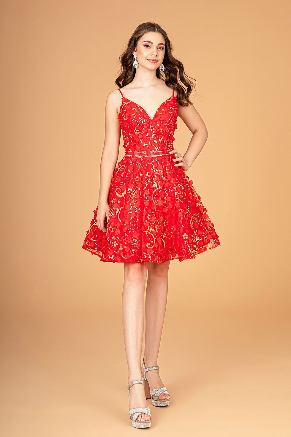 Miniatura: Mock Two-Piece Babydoll w/ 3D Flower Appliques Short Homecoming Dress GLGS3091