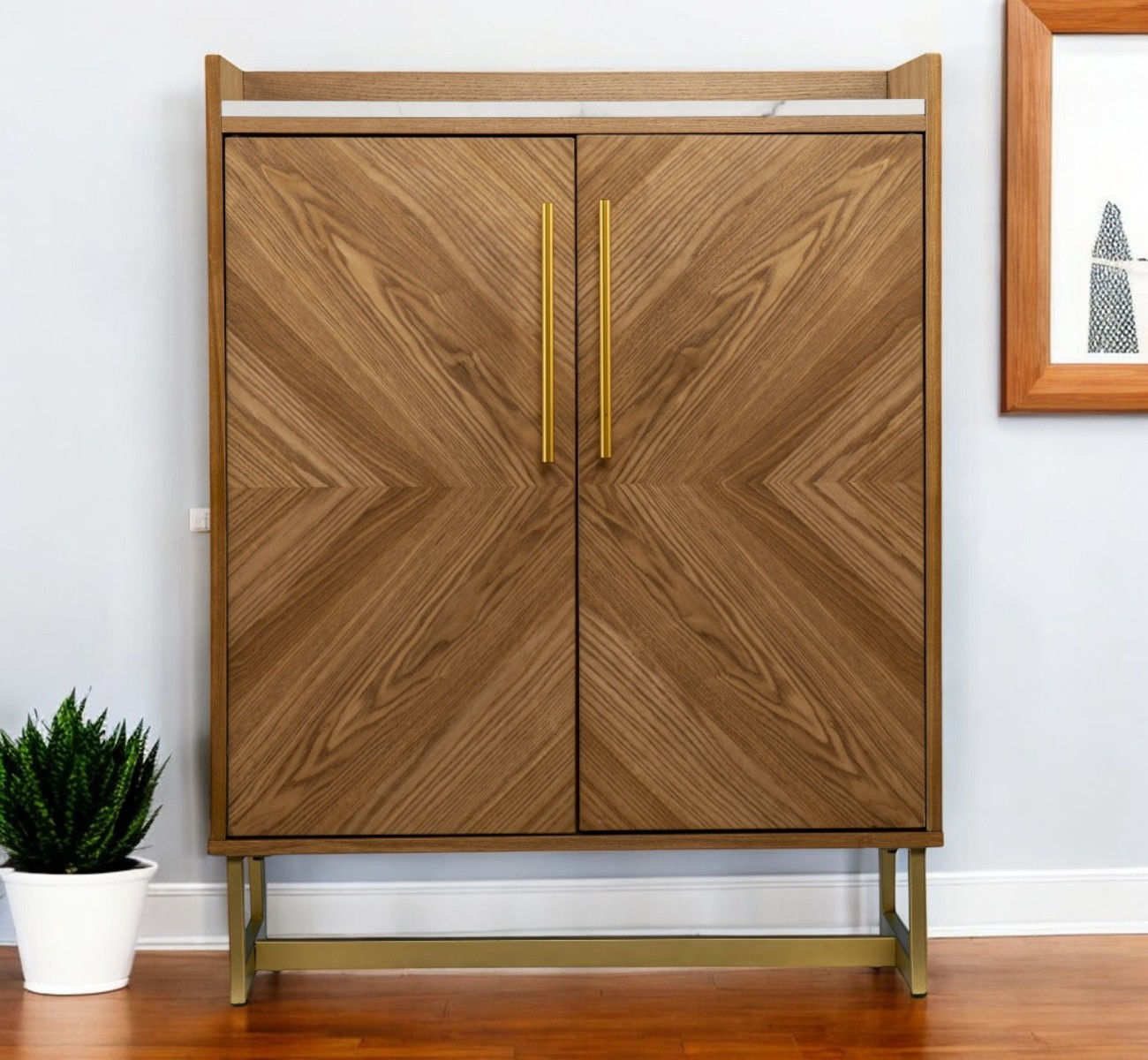 Retro Gold Natural and Faux Marble Wine Cabinet