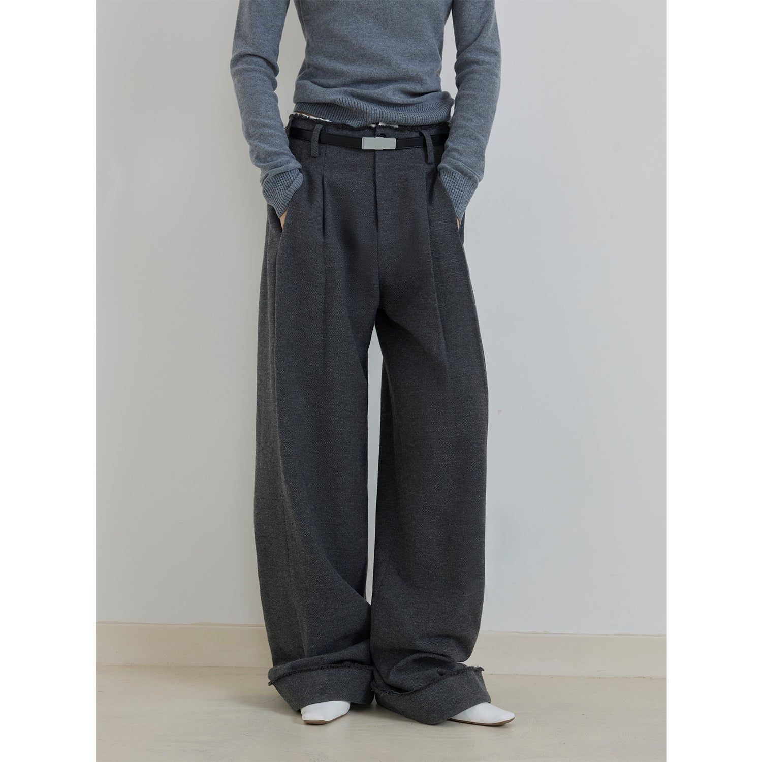 "Commuting Rules" Worsted Wool Blend Waistless Raw Edge Wide Leg Pants Slimming 