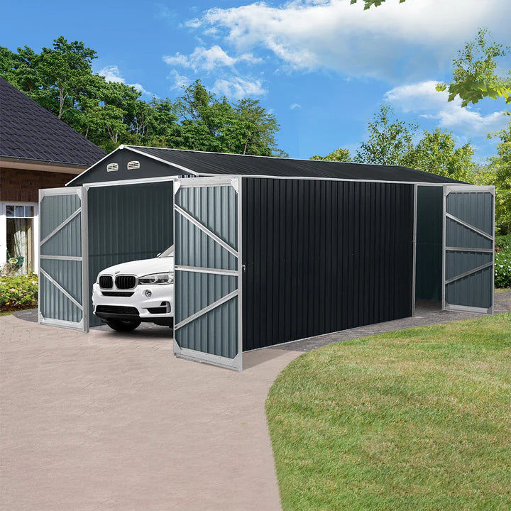 Miniature : 10’ x 20’ Metal Garage Shed with Double Front Doors, 7’8" Peak Height, Side Entr