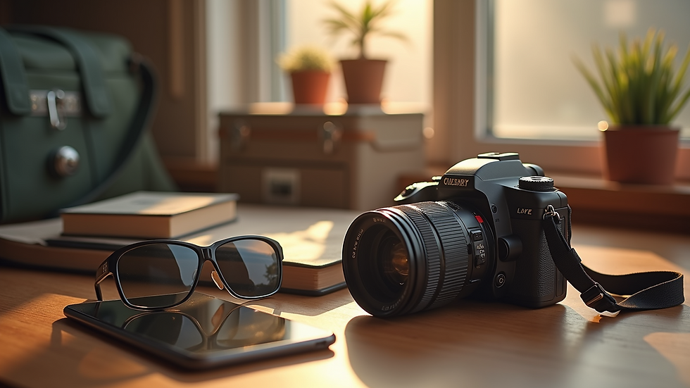 Eye-level view of travel accessories displayed creatively