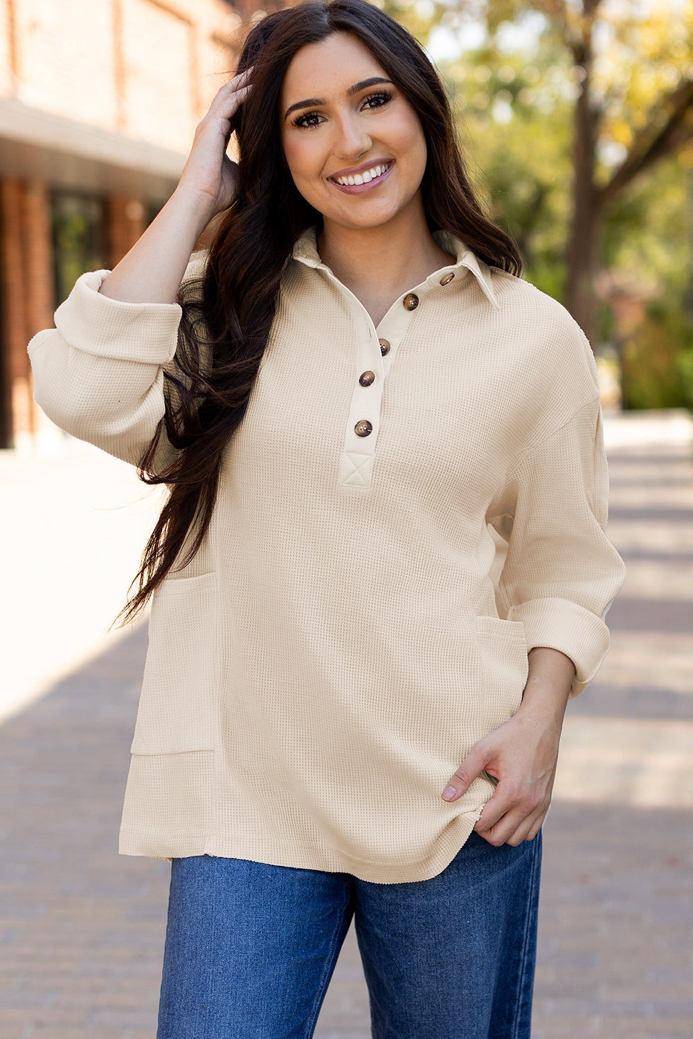 Arianna Waffle Half Button Top