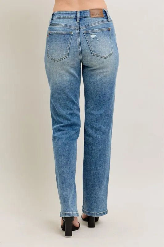 Miniatura: Judy Blue Full Size High Waist Vintage Wash Front Seam & Slit Straight Plus Size