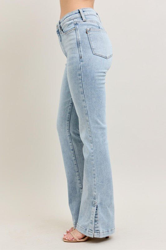 Thumbnail: Judy Blue Full Size Tummy Control Vintage Wash Side Slit Slim Boot Jeans Plus Si
