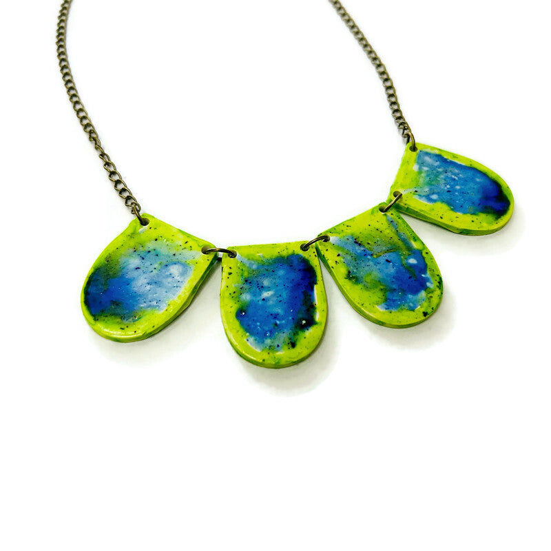 Миниатюра: Fluid Art Statement Earrings in Lime Green & Blue