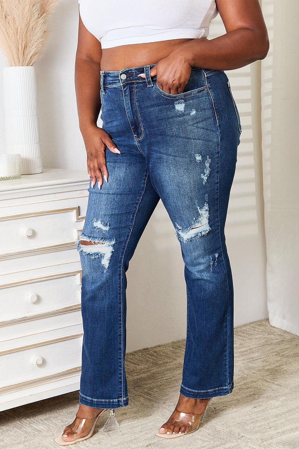 Thumbnail: Judy Blue Full Size Mid Rise Hand Sand & Destroy Bootcut Jeans