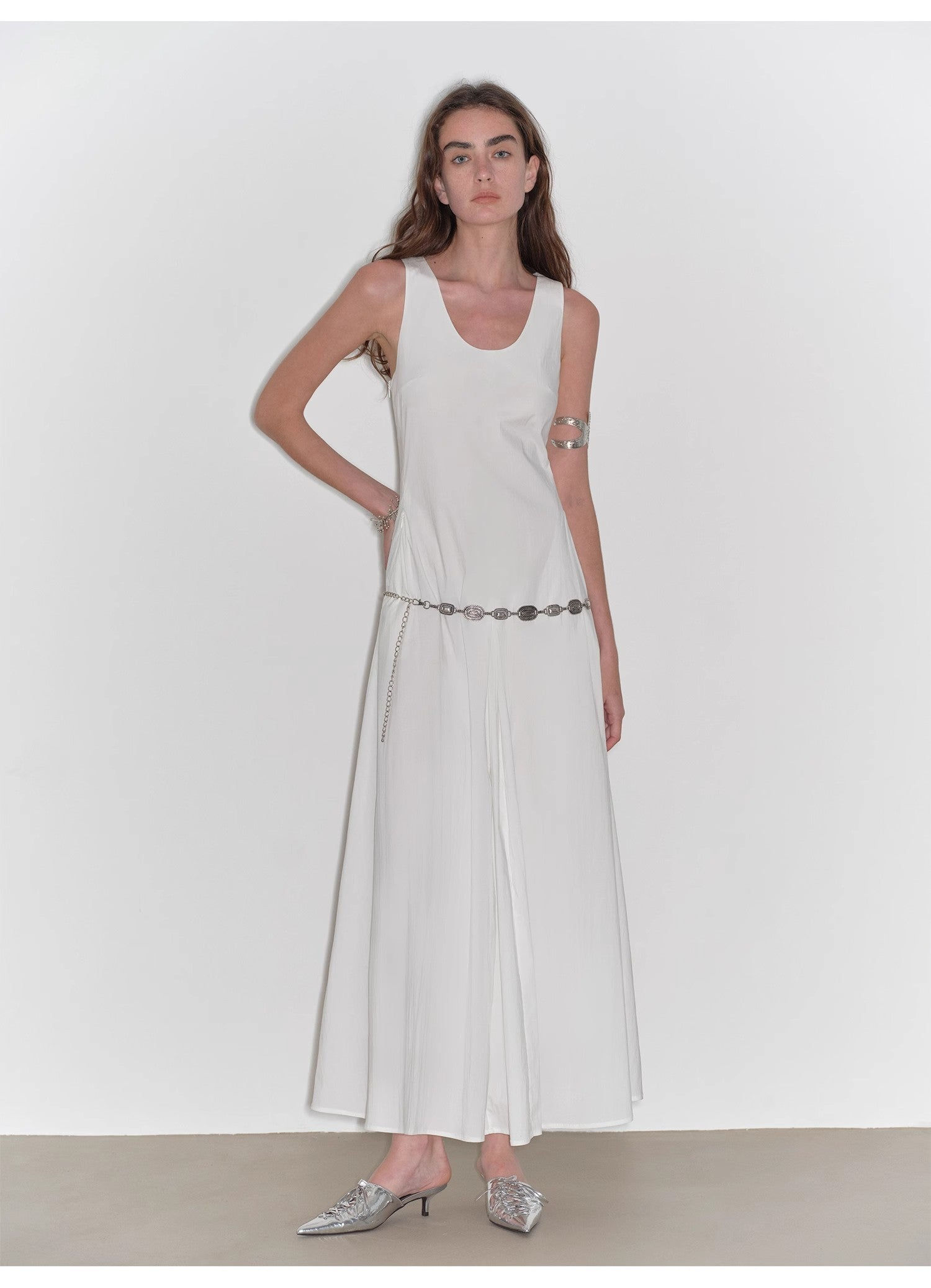 "Lake Bled" Simple and slim texture U-neck A-line slim fit vest dress