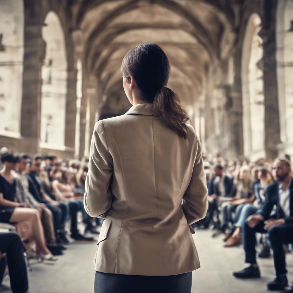 a woman backside giving a master talk in front a forum university with people.jpg