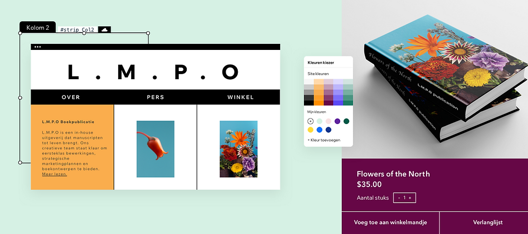 Een website voor het publiceren van boeken en ontwerpkenmerken zoals kleurenpalet, visuele