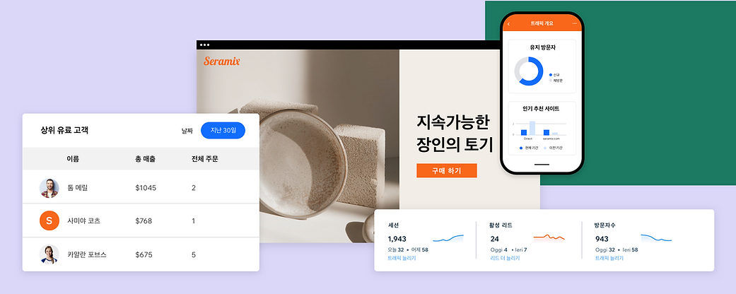 온라인 세라믹 도자기 매장의 Wix 애널리틱스 대시보드, 시간에 따른 매