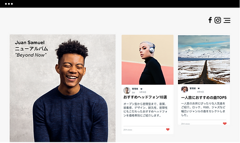 ブログ記事と新しいアルバムのリリース情報が表示された音楽系 Web サイト