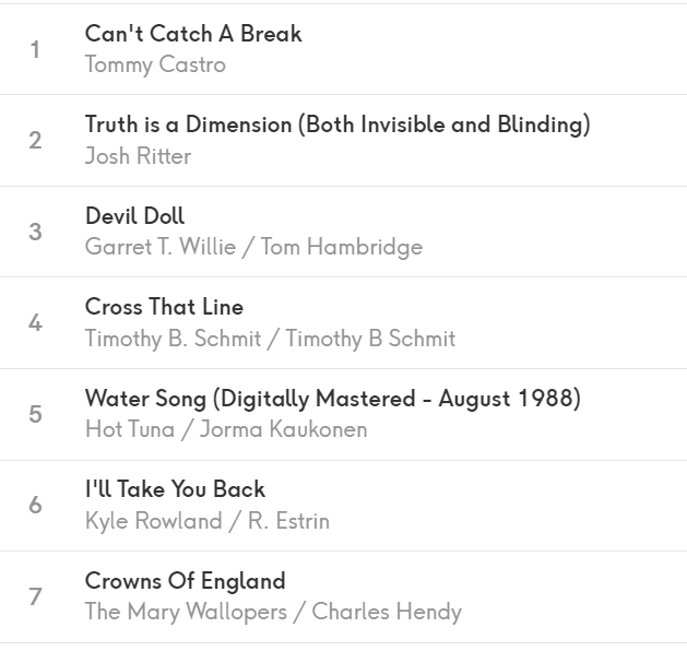 Numbered song list on white screen showing titles and artists, including Can’t Catch A Break, Truth is a Dimension, and Devil Doll.