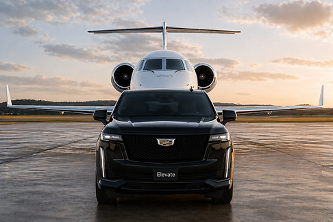 Elevate's Cadillac Escalade ESV parked in front of a Gulfstream G6