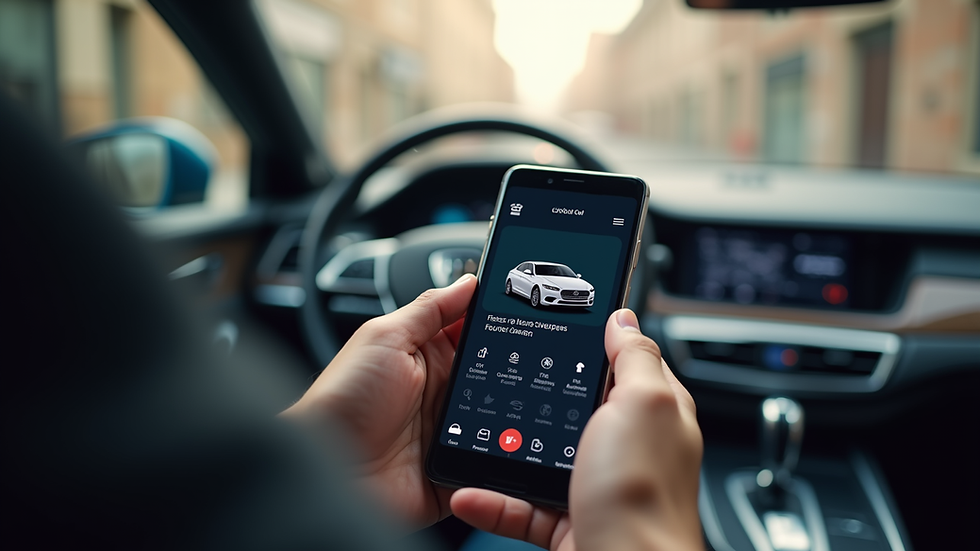 Eye-level view of a smartphone showing a luxury car booking app interface