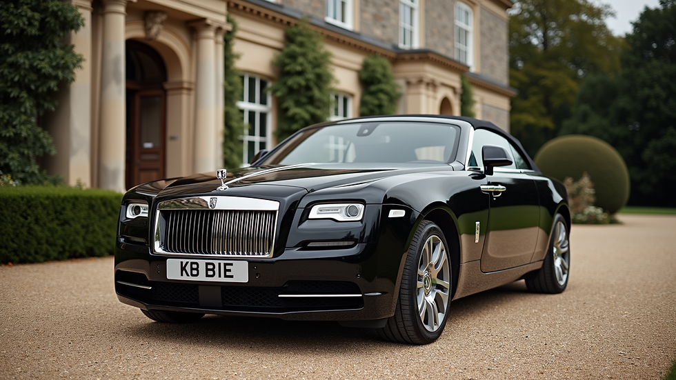 Eye-level view of a luxury black car parked outside a wedding venue