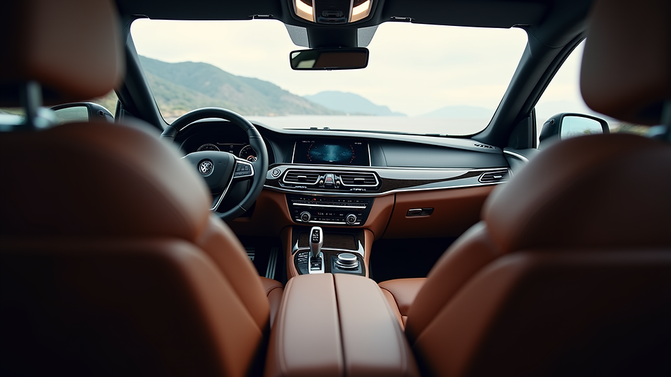Close-up view of a luxury SUV interior with leather seats and touchscreen controls