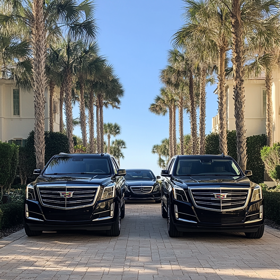 Wide angle view of a luxurious vehicle parked outside a grand venue