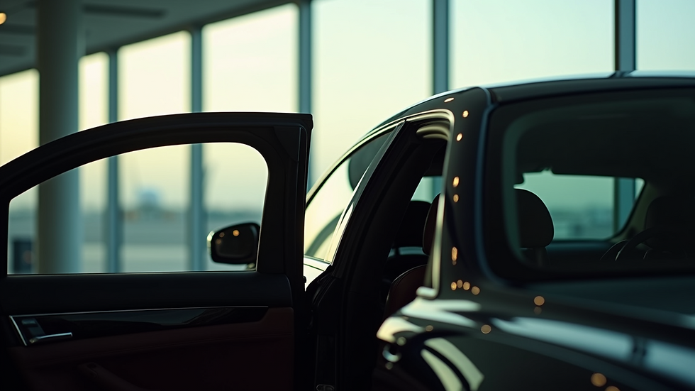 Close-up view of a chauffeur opening a luxury car door at an airport