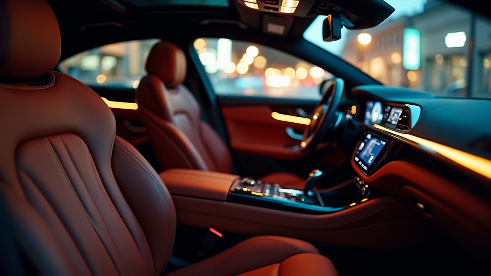 Close-up view of a luxury car interior showing leather seats and ambient lighting