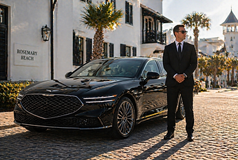 Elevate's Genesis G90 and chauffeur parked along 30A