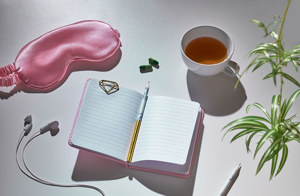 Open notebook with pencil, pink sleep mask, earphones, tea cup, plant, and two green pills on a white surface, in bright light.