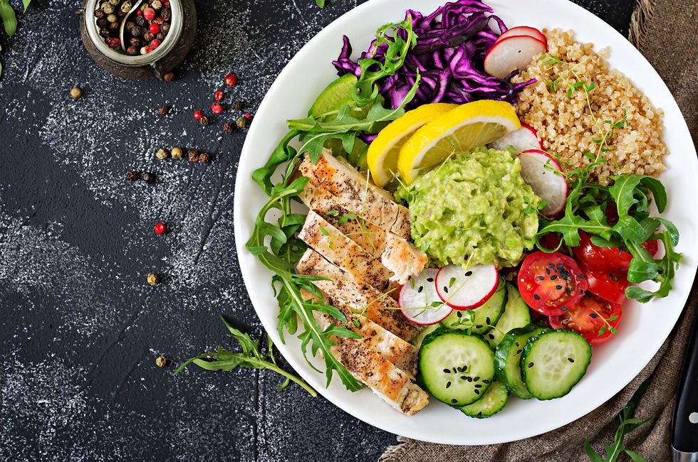 A plate of Whole foods including vegetables, healthy fats, and other nutrient-rich ingredients
