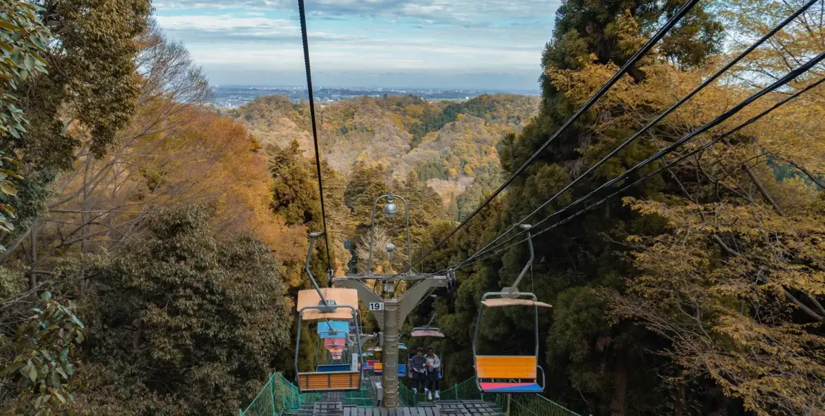 Visitors riding the open air scenic chairlift descending through trees on Mount Takao