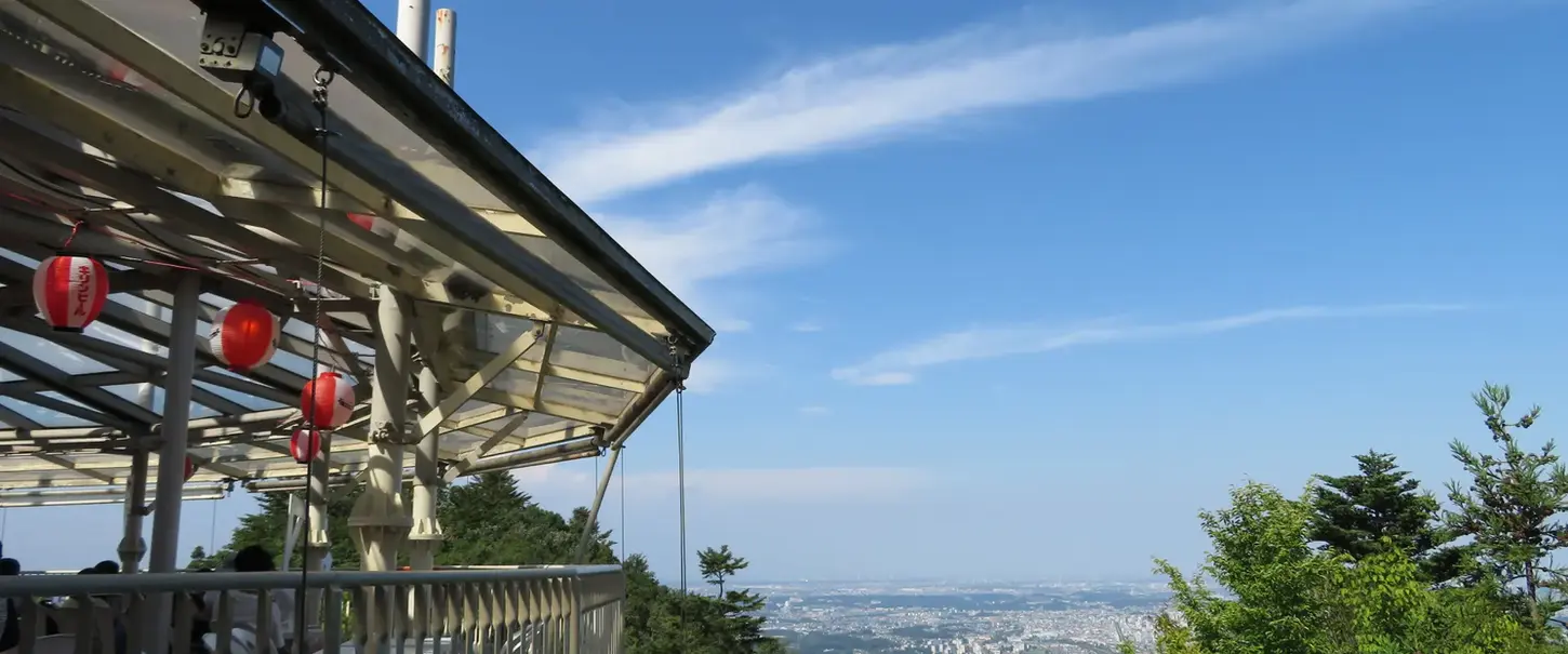 High angle view overlooking Tokyo skyline from Mount Takao observation deck