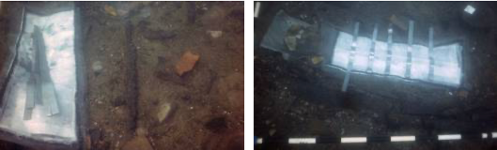 Figure 7: The upper mat was made to adhere to the pole with the aid of slings in lead that have also been used to weight the mat so as to ensure it remained on the lake bottom and adhered to the artefact. Photo: ISCR and figure 8: Part of the process described in figure 7. Photo: ISCR