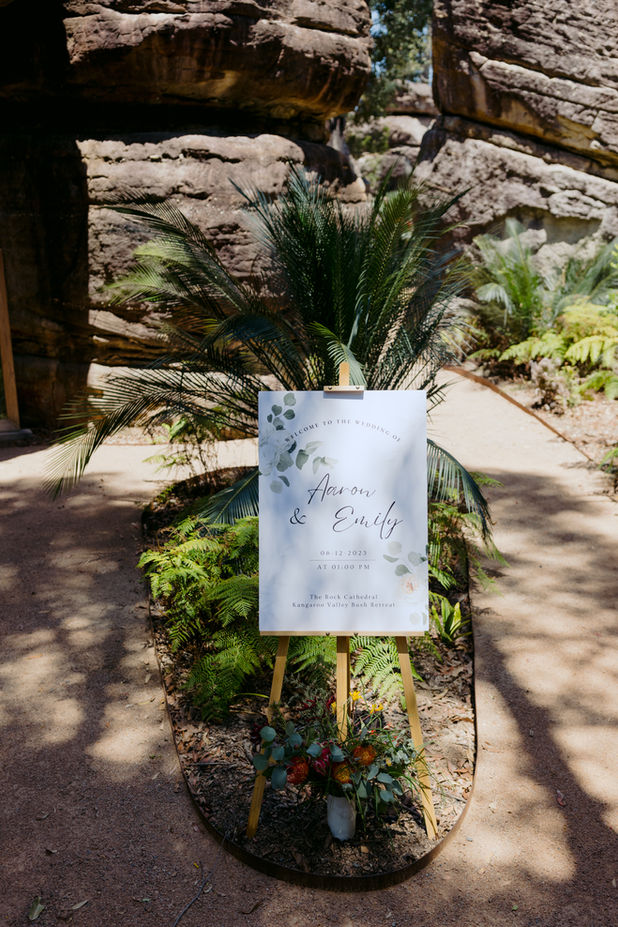 Wedding welcome sign at entrance to the Rock Cathedral ceremony space at KVBR.