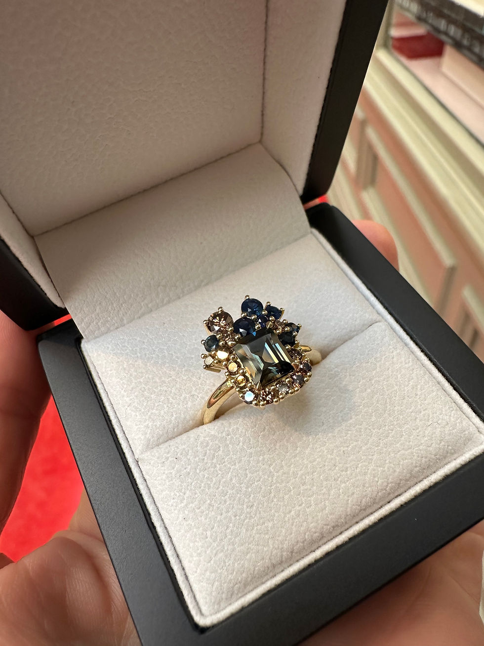 Cognac and Deep Blue Australian Sapphire Engagement Ring.jpg