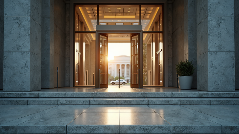 Eye-level view of a government office building entrance