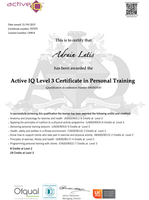 eCertificate [Latis, Adrain 18-04-1990] [Q] Active IQ Level 3 Certificate in Personal Trai