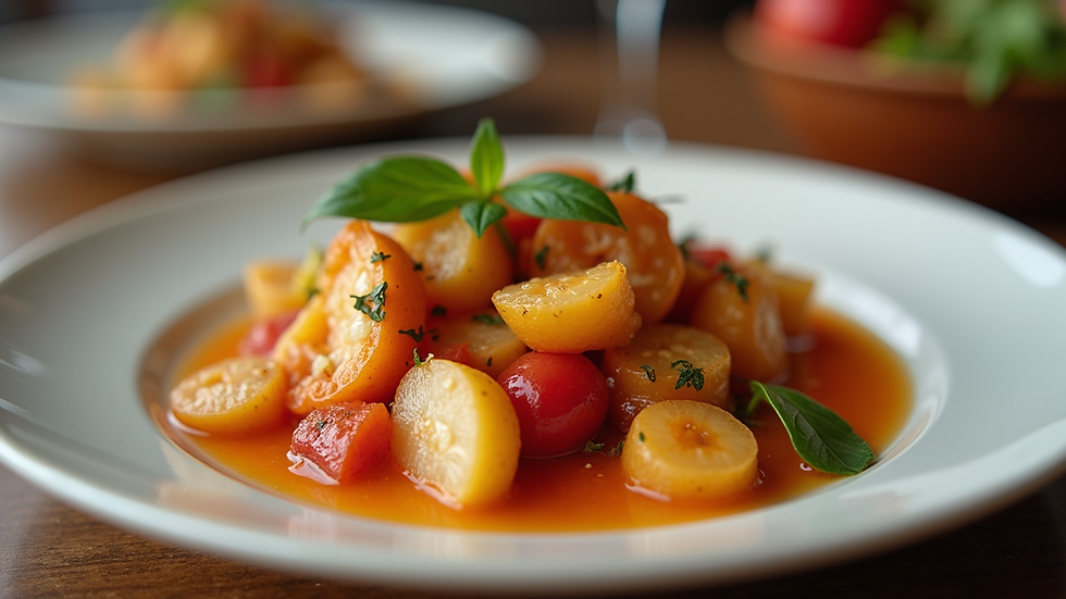 Close-up de prato típico com frutos do mar em restaurante de Paraty