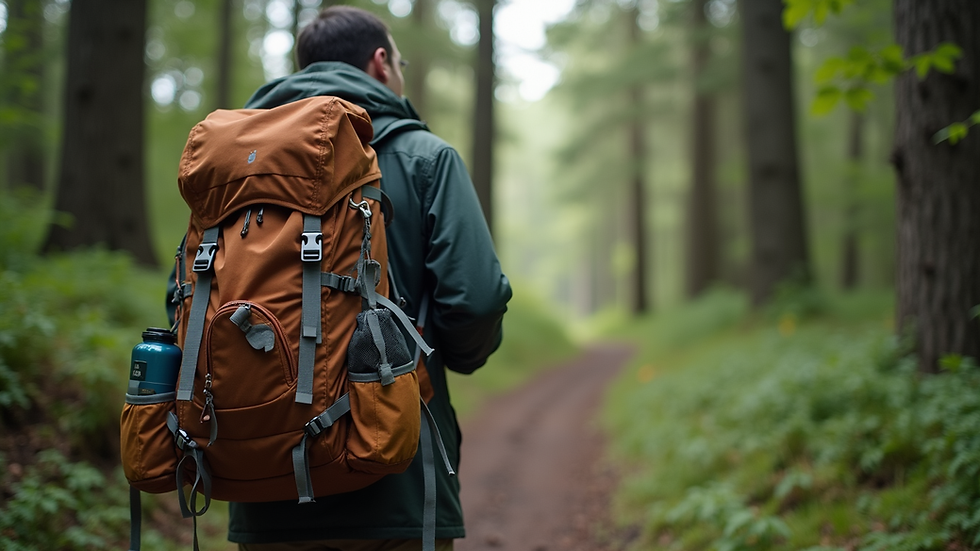Eye-level view of a backpack with hiking gear on a forest trail in Paraty
