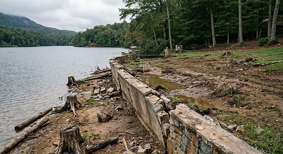 WNC retaining wall repair crew assessing a failing lakefront bulkhead post-Hurricane Helene. The stone wall is collapsed and leaning near the water's edge in Black Mountain, NC. Generated with AI.