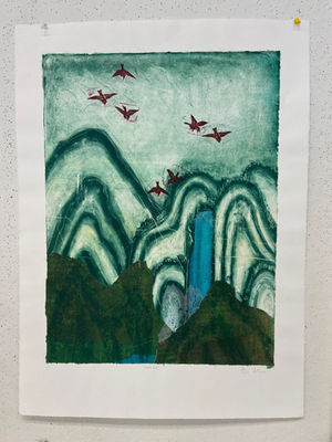 Photo of print. Green sky, mountains, and forest foreground. A blue waterfall comes from between two mountain peaks. Five red birds are stamped in the sky.