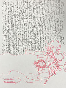 lot of text conveying thoughts, draw in red a girl inside her bed.