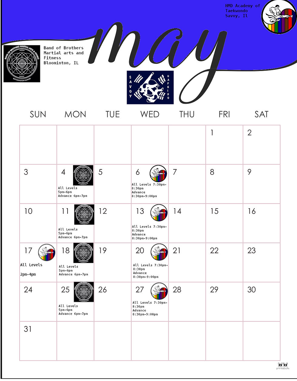May 2026 class calendar