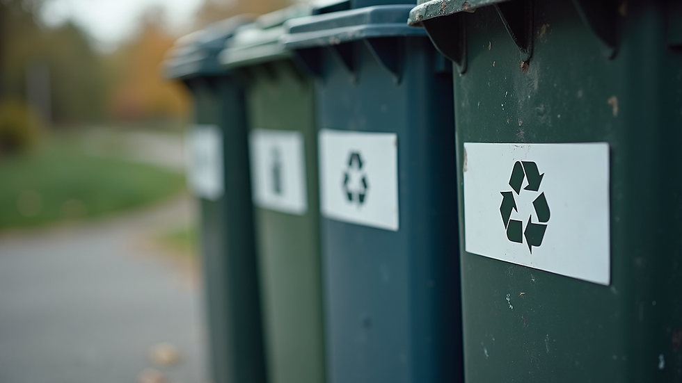 Close-up view of labeled recycling bins for paper, plastic, and metal