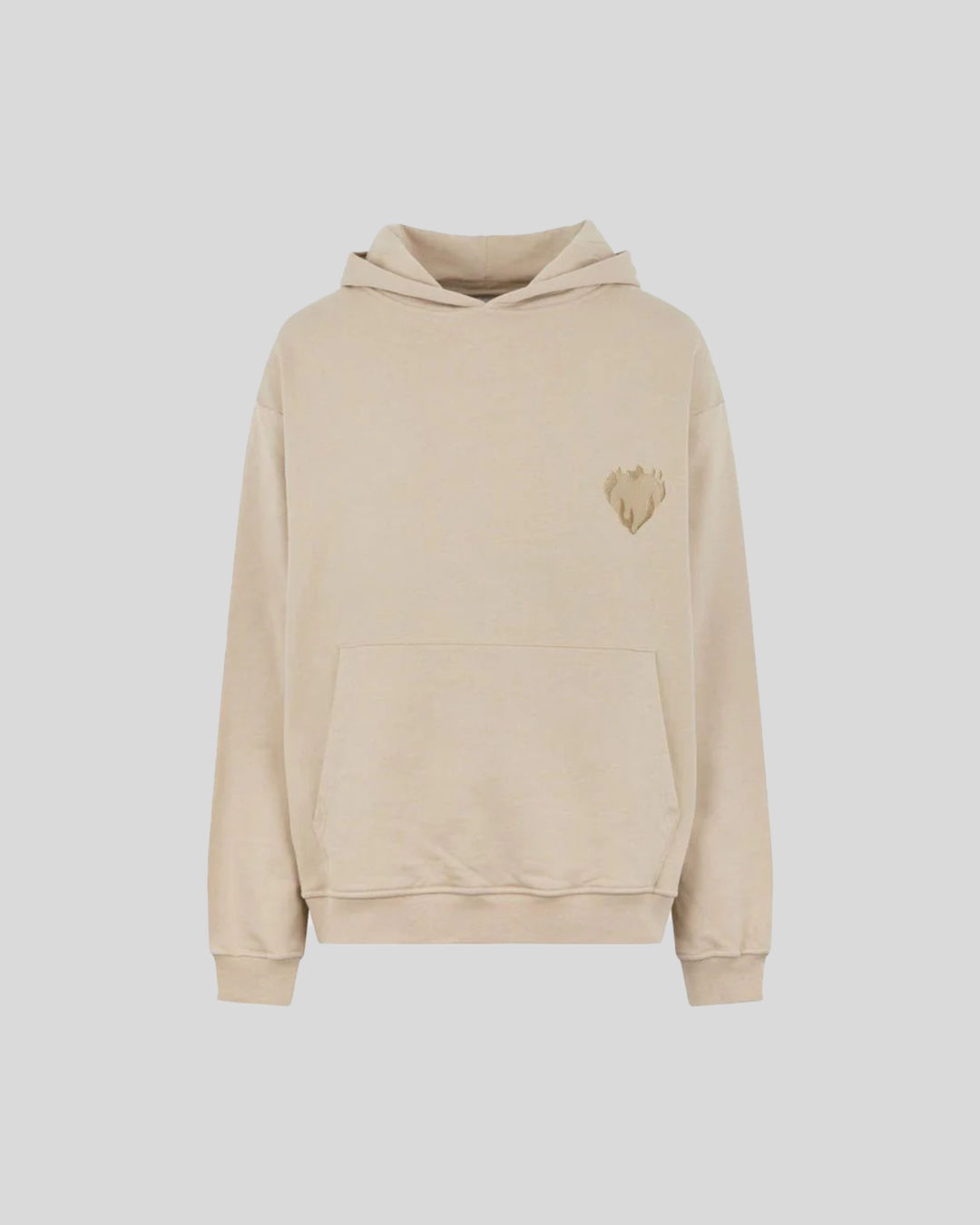 Áo hoodie màu be, có hình thêu nhỏ tinh tế trên nền xám.