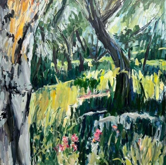 Meadow with Barren Tree draws you into a vibrant forest where sunlight filters through dense leaves, highlighting dark, twisting trunks and bright clusters of pink and red flowers that speak to nature’s quiet resilience.