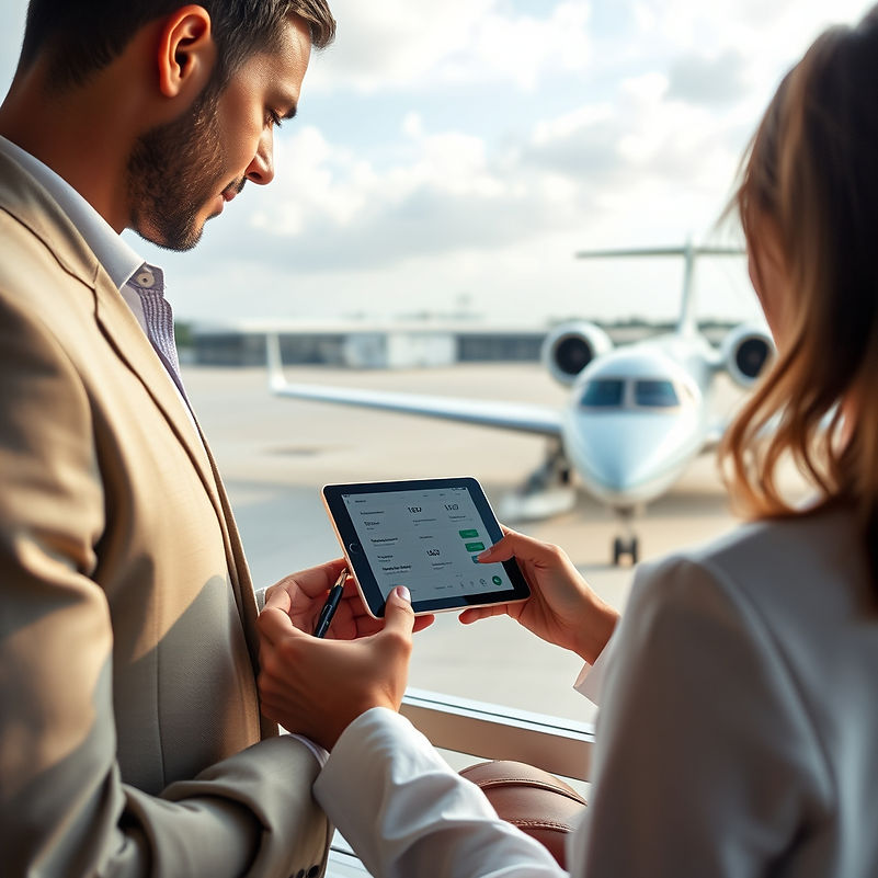 “High‑end editorial image of a concierge professional coordinating travel logistics on a s