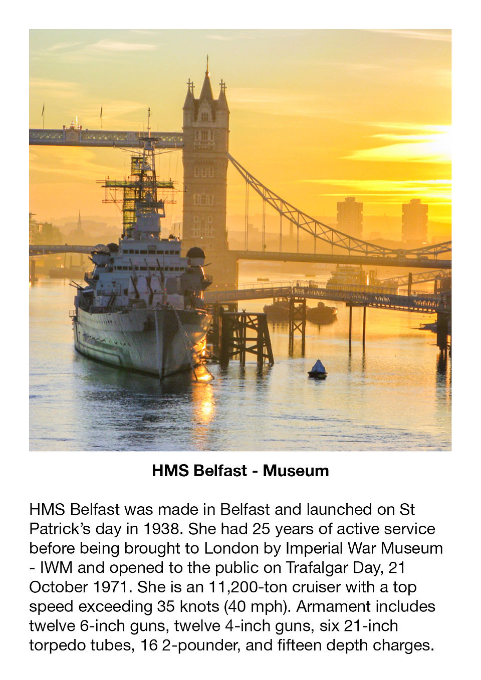 HMS Belfast at sunrise with descriptive text
