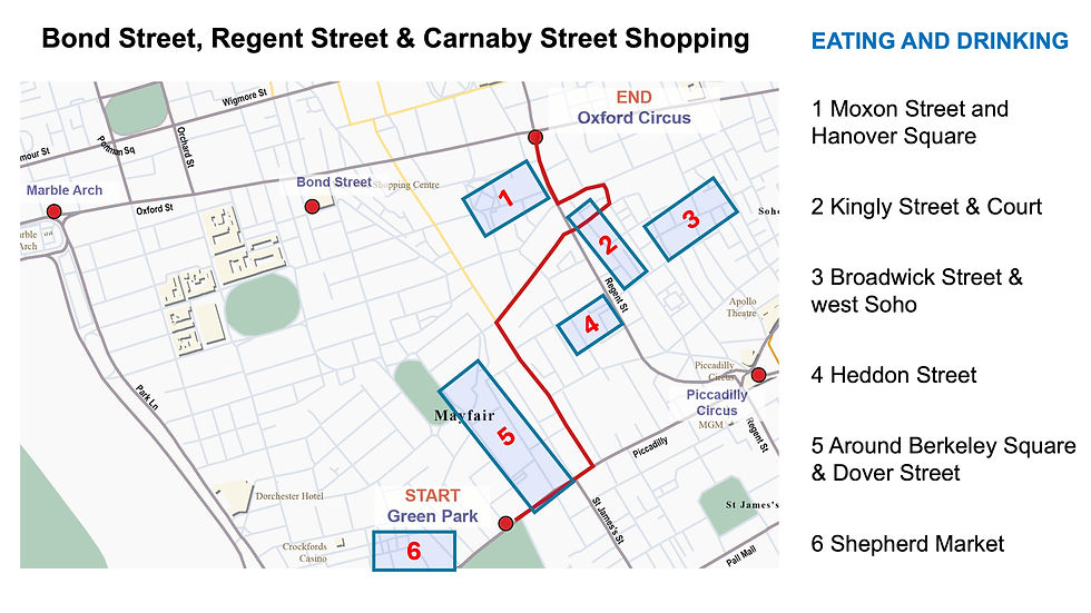 Map showing places to eat along the route