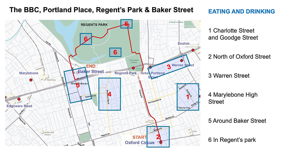 Map showing places to eat along the route